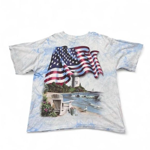 Y2K VTG the mountain beach lighthouse flag tie dye tee blue L mens - Picture 1 of 6